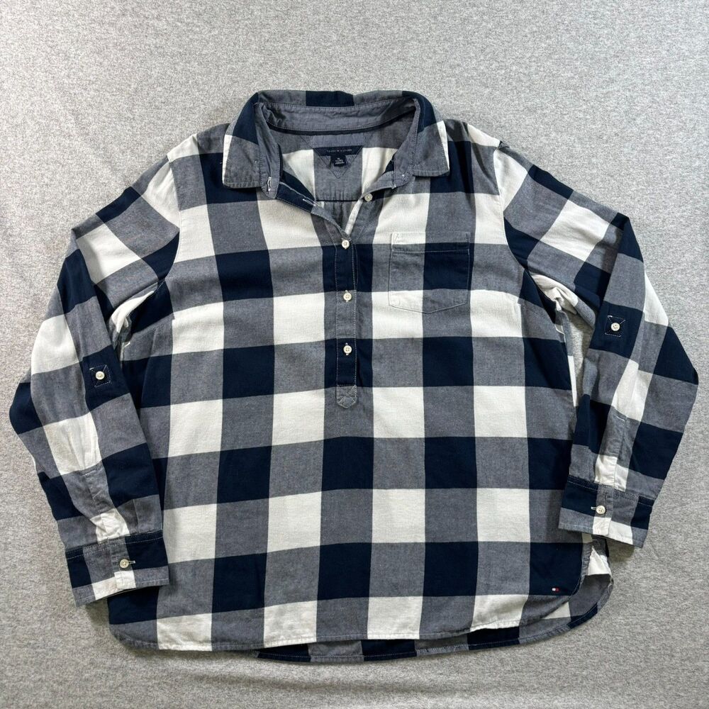 Tommy Hilfiger Navy Gray Buffalo Plaid Popover Shirt Women’s XL
